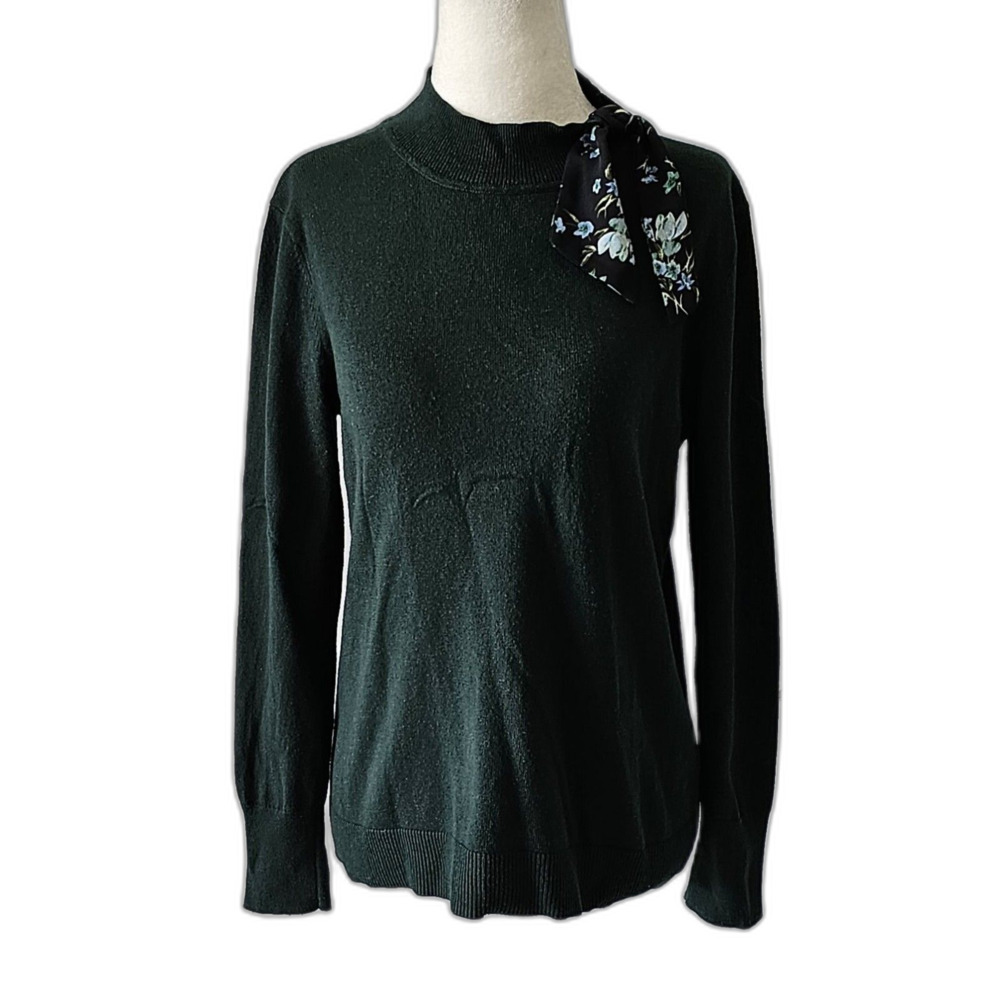 CECE Women Dark Green Sweater Size S Mock Neck with Printed Tie Neck